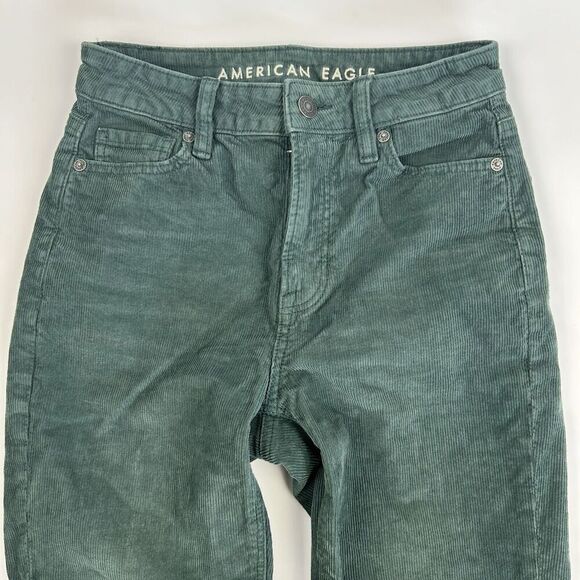 American Eagle Mom Straight Jeans Green Corduroy Size 000 Cotton Blend Stretch - Picture 3 of 11
